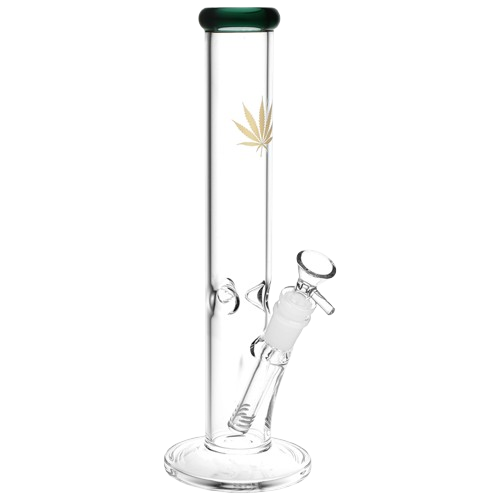 Gold Hemp Leaf Straight Tube Water Pipe - 12" / 14mm F / Colors Vary