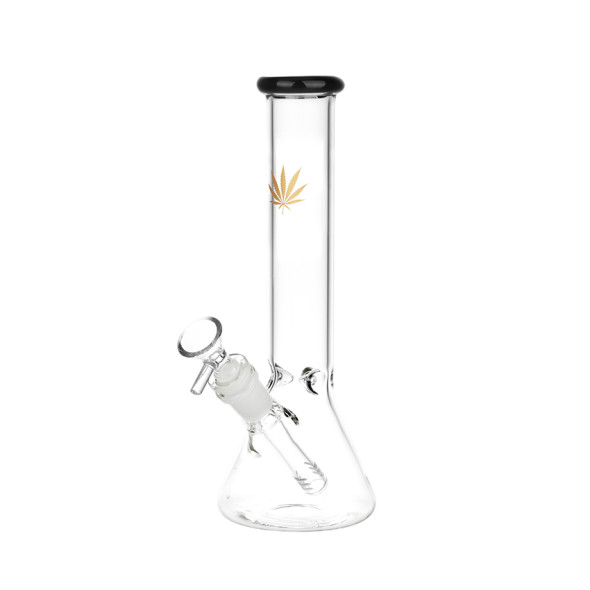 Gold Hemp Leaf Glass Beaker Water Pipe - 10" / 14mm F / Colors Vary