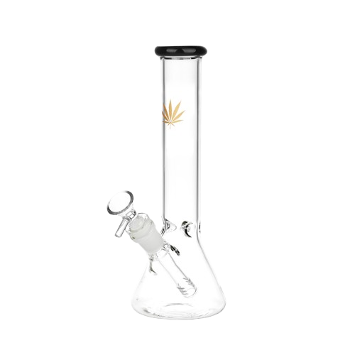 Gold Hemp Leaf Glass Beaker Water Pipe - 10" / 14mm F / Colors Vary