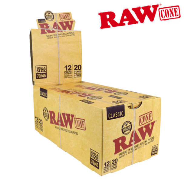 RAW Classic Natural Unrefined Pre-Rolled Cones, 20 Cones per Pack, 12 Packs per Display - 70/45mm