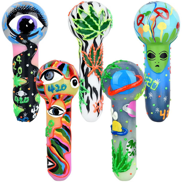 420 Painted Glow In The Dark Glass Hand Pipe - 5" 6ct Assorted Bundle