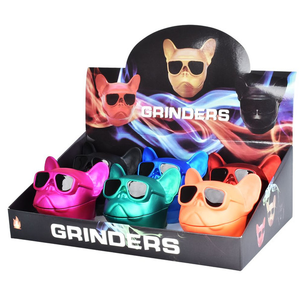 Hipster Dog Aluminum Grinder - 2.25" / 3pc / Assorted Colors / 6ct Display