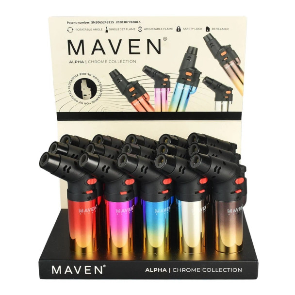 Maven Alpha Torch Lighter - 5"/Chrome/Asst Colors/15PC DISP