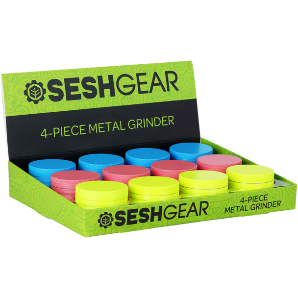 SeshGear Glow In The Dark Metal Grinder - 4pc / 1.75" / Assorted Colors/12CT DISPLAY SeshGear Glow In The Dark Metal Grinder - 4pc / 1.75" / Assorted Colors/12CT DISPLAY