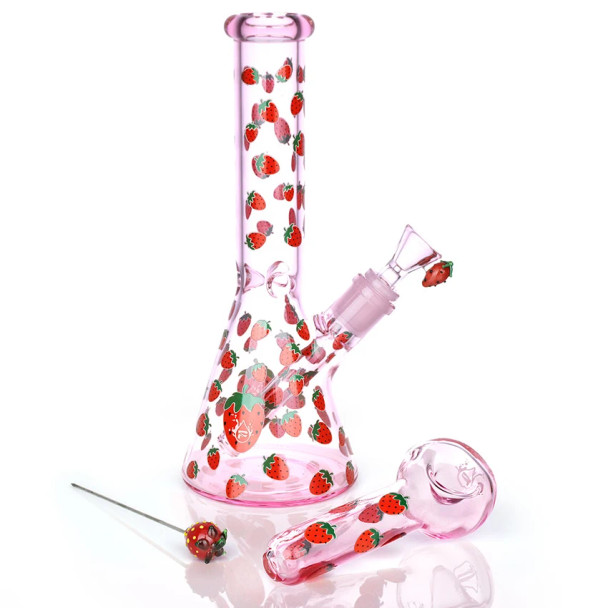 Pulsar Fruit Series 10" Beaker, Pipe and Poker Glow Combo Strawberry Cough
