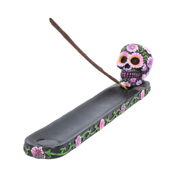 10" Flower Sugar Skull Incense Burner Purple/green