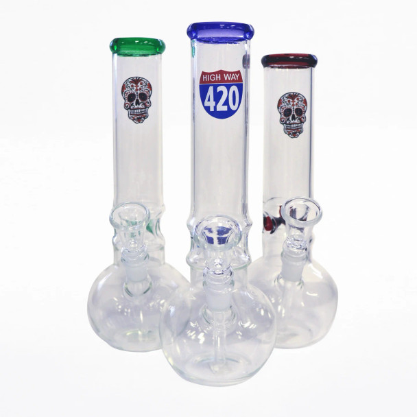10" Bubble Base w/ Ice Pinch & Fixed Downstem/Bowl combo (pipe has carb/shotgun) - Decals & Colors Vary
