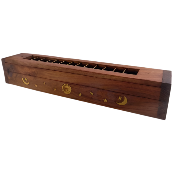 Sun, Moon & Stars Wooden Incense Coffin Box for Sticks, Cones or Stickless Incense IBW131