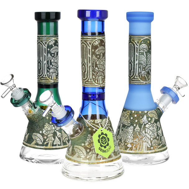 Mushroom Melange Etched Beaker Glass Water Pipe - 9" / 14mm F / Colors Vary