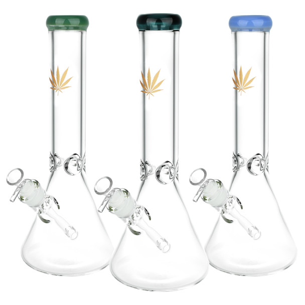 Gold Hemp Leaf Glass Beaker Water Pipe - 13.5" / 14mm F / Colors Vary