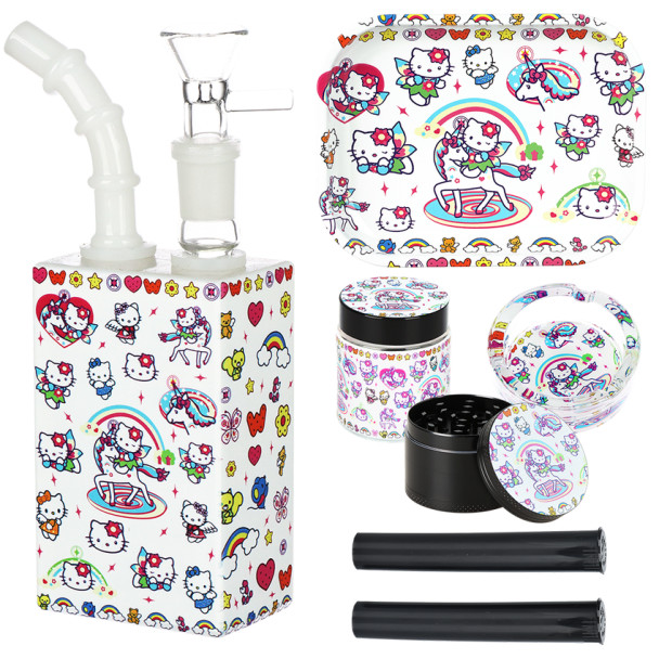 Cute Kitty Juicebox Glass Water Pipe Smoker's Travel Kit - 7" / 14mm F / Unicorn Kitty