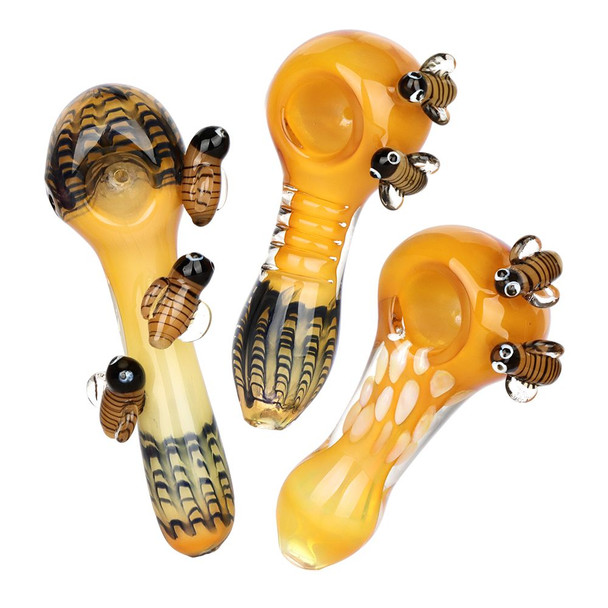 Busy Bumble Bee Glass Spoon Pipes - 4"- 5" / Assorted Colors and Styles/3ct Bundle