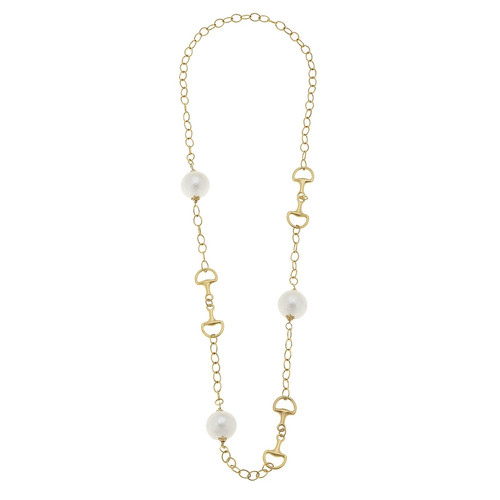 Gold Horsebit and Cotton Pearl Necklace