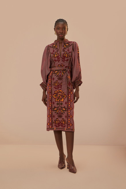 FARM RIO TOUCANS SCARF CROSS STITCH EMBROIDERED LONG SLEEVE DRESS BURGUNDY