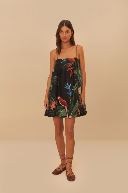 FARM RIO MIDNIGHT MACAW FIESTA BLACK SLEEVELESS MINI DRESS