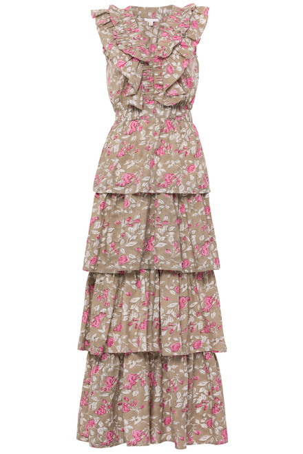 Charlotte Midi Dress-Tan/Pink Floral