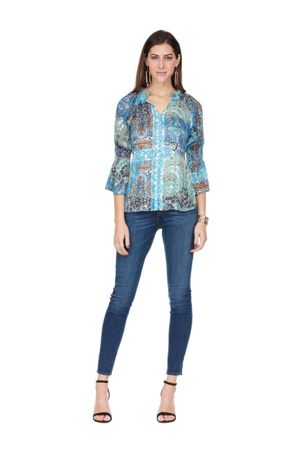 Cinched Sleeve Top- Cerulean Pat