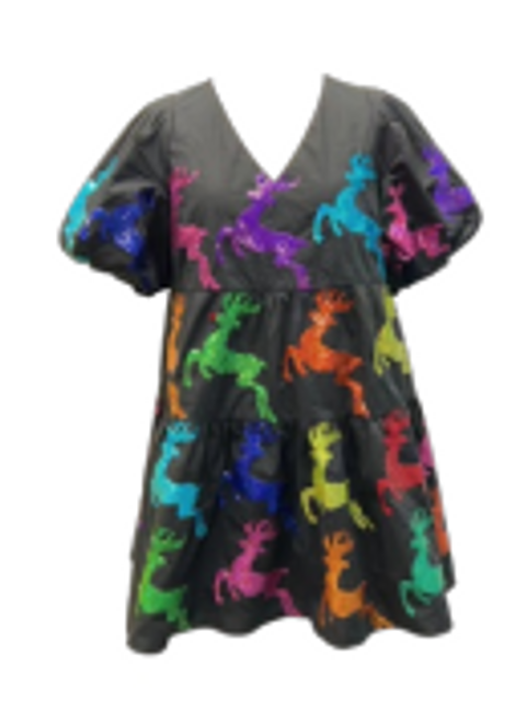 SCATTERED REINDEER POOF SLEEVE DRESS