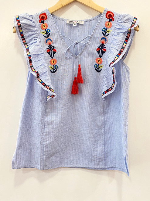 V-Neck Top, Stripe Embroidered 