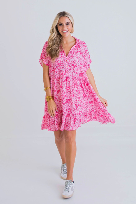 Floral V Neck Collar Dress - Pink