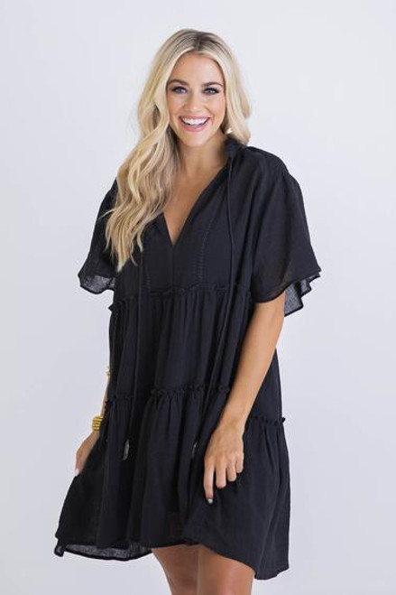 Solid Gauze Tier Boho Dress, Black