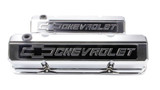 Chrome Tall SBC Valve Covers for Chevy Bowtie Logo Slant Edge Baffled Aluminum