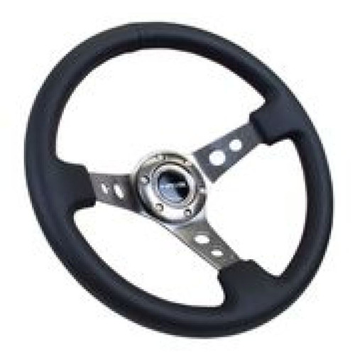 NRG 350mm Reinforced Leather Steering Wheel Black Gunmetal Spokes RST-006GM