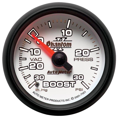 AutoMeter Phantom II 52mm Mechanical Boost/Vacuum Gauge 30 PSI/30 inHg White LED