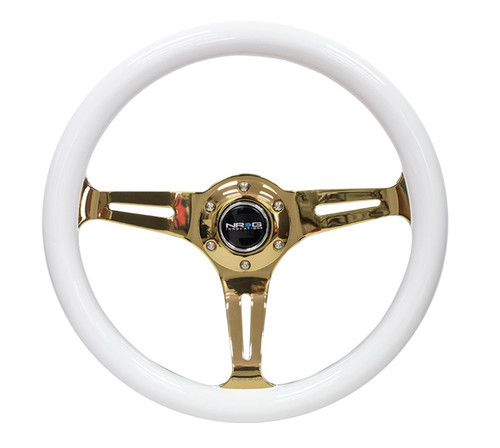 NRG Classic 350mm Wood Grain Steering Wheel White Grip Gold Chrome 3-Spoke