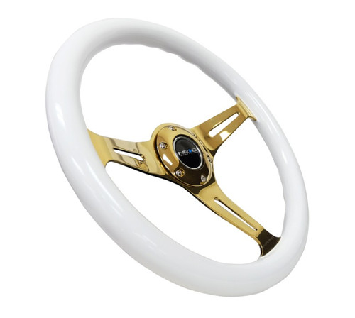 NRG Classic 350mm Wood Grain Steering Wheel White Grip Gold Chrome 3-Spoke