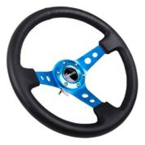 NRG 350mm Leather Steering Wheel Reinforced Blue Circle Cutouts Deep Dish