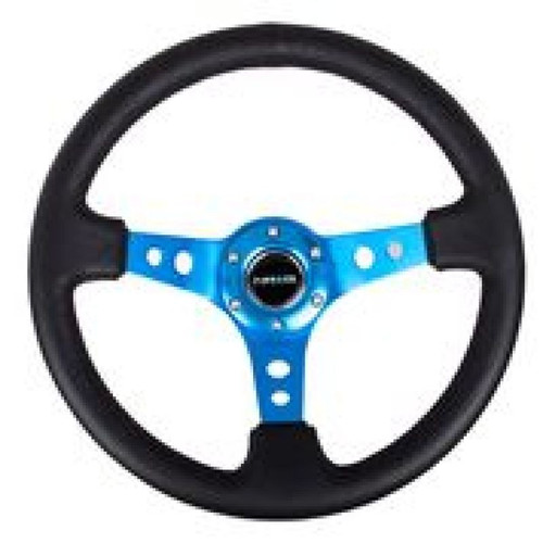 NRG 350mm Leather Steering Wheel Reinforced Blue Circle Cutouts Deep Dish