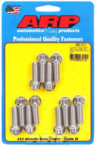 ARP Stainless Steel Header Bolt Kit SBC 3/8-16 x 1" 12-Point Polished - Set 12