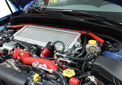 Perrin Front Strut Tower Brace Wrinkle Red  for 2015-20 Subaru WRX STI HyperBlue