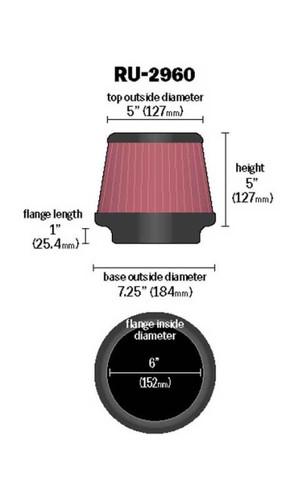K&N Universal Tapered Air Filter 6" Flange ID, 7.5" Base OD, New RU-2960