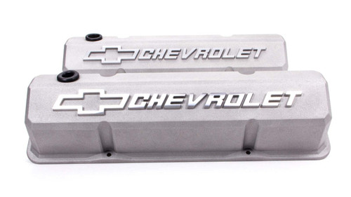 Proform 141-925 SBC Tall Valve Covers Slant Edge Gray Crinkle Bowtie Logo Pair