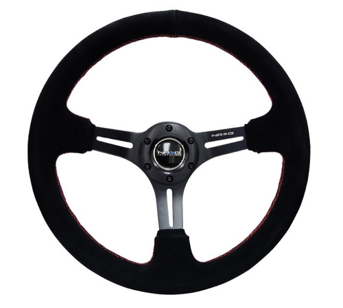 NRG 350mm Reinforced Black Suede Steering Wheel with Red Stitching Perf Upgrade