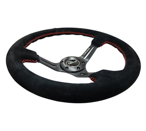 NRG 350mm Reinforced Black Suede Steering Wheel with Red Stitching Perf Upgrade