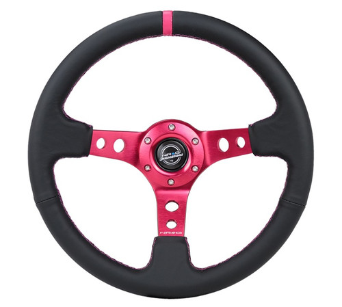 NRG Reinforced 350mm Black Leather Steering Wheel Fushia Center Mark