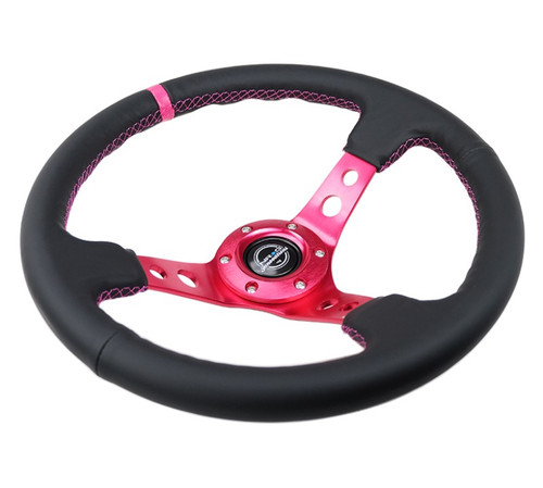 NRG Reinforced 350mm Black Leather Steering Wheel Fushia Center Mark