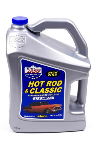 20W50 Motor Oil 5Qt Jug High Zinc Conventional - Lucas Oil Hot Rod Car