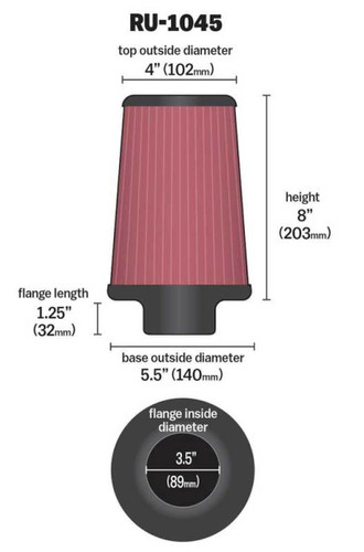 For K&N RU-1045 Universal Tapered Air Filter 3.5" ID x 5.5" OD x 8" H