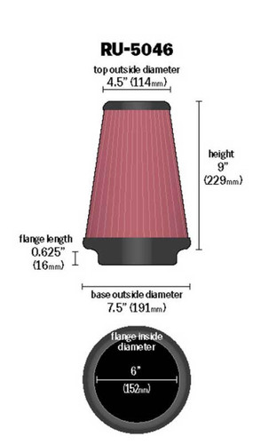 K&N RU-5046 Universal Clamp-On Air Filter 6in Flange For Various Vehicles