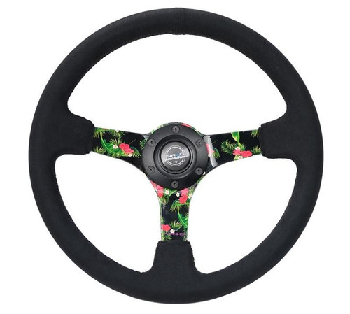 NRG 350mm Black Suede Steering Wheel Floral Center 3 Spoke For Racing Drift