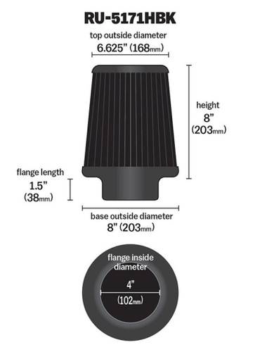 K&N RU-5171HBK For  Universal Clamp-On Air Filter Round Tapered 4" Flange x 8"H