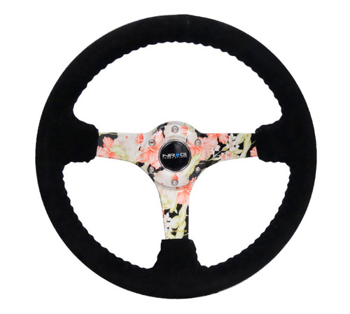 NRG 350mm Black Suede Floral Dipped Steering Wheel Black Baseball Stitch