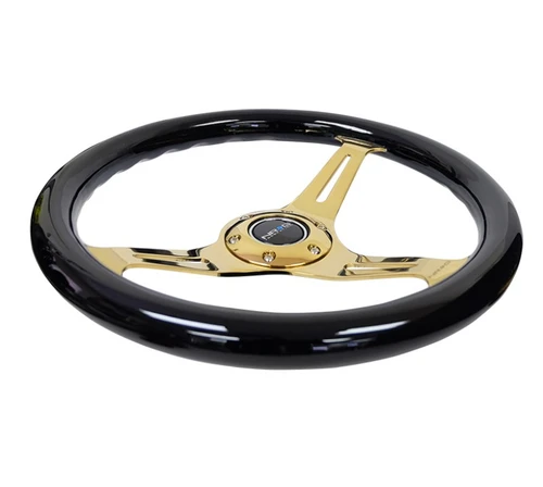 NRG 350mm Classic Wood Grain Steering Wheel Black Grip Chrome Gold ST-015CG-BK