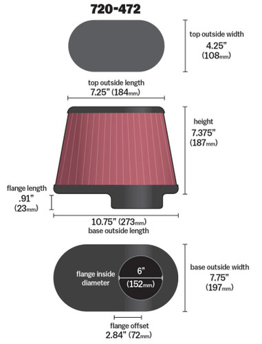 Airaid High Flow Air Filter For Performance Intake 6in Oval Tapered 720-472