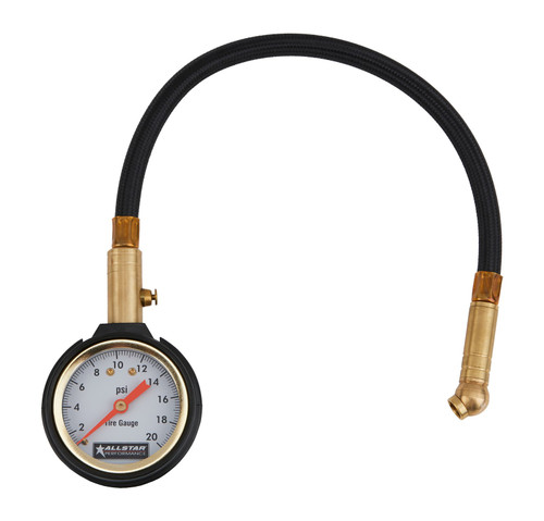Allstar Analog Tire Pressure Gauge 0-20 PSI 2in w Hose 45 Deg Chuck