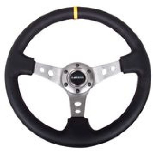 NRG Universal 350mm Leather Steering Wheel Reinforced Gunmetal Spoke Yellow Mark
